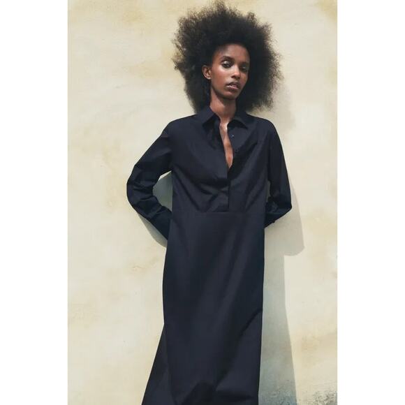 Zara Dresses & Skirts - Zara Collection Long Sleeve Pullover Poplin Maxi Shirt Dress Blue Size Small